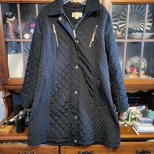 Michael Kors Black Quilted Long Puffer Coat with Gold Zippers